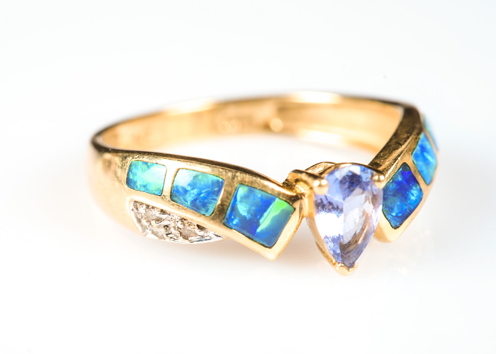14K Yellow Gold, Diamond, Tanzanite, and Opal Ring