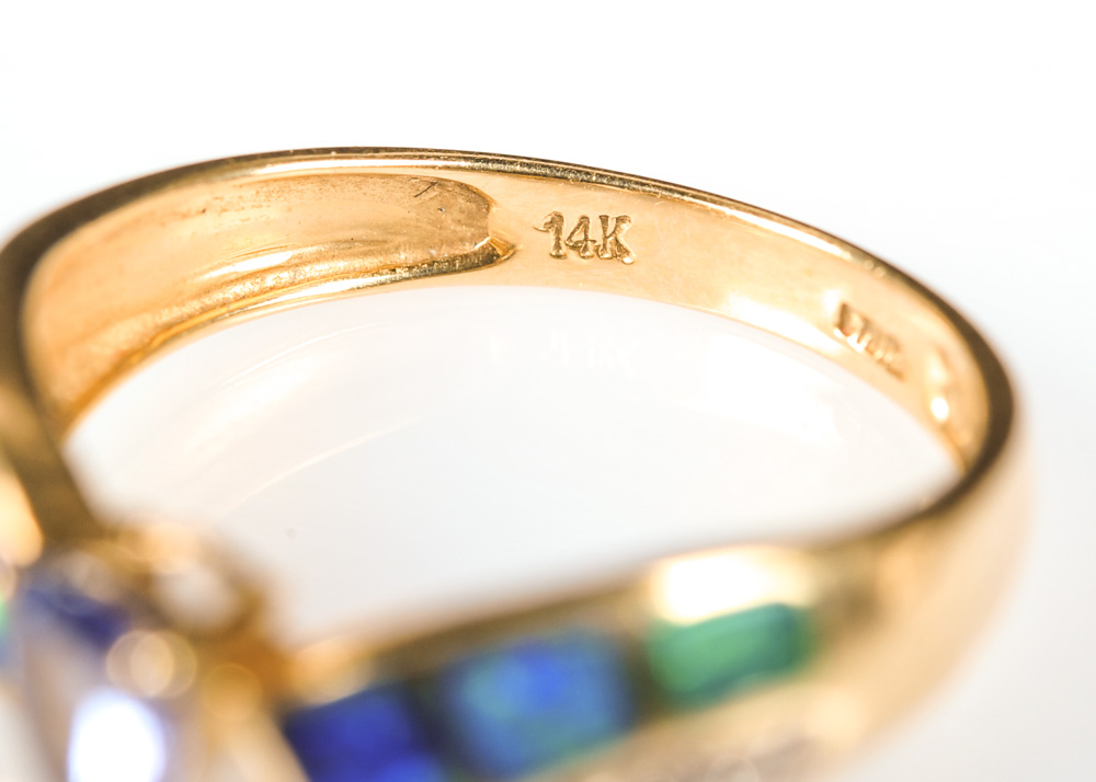 14K Yellow Gold, Diamond, Tanzanite, and Opal Ring