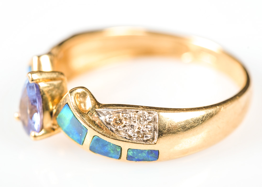 14K Yellow Gold, Diamond, Tanzanite, and Opal Ring