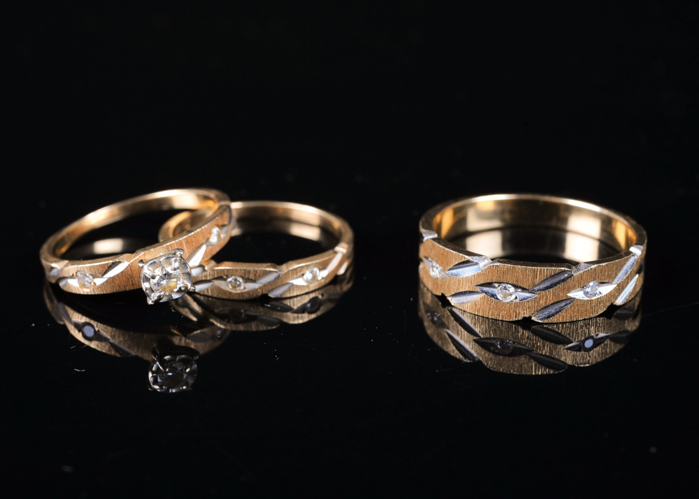 14K Gold and Diamond Wedding Ring Trio