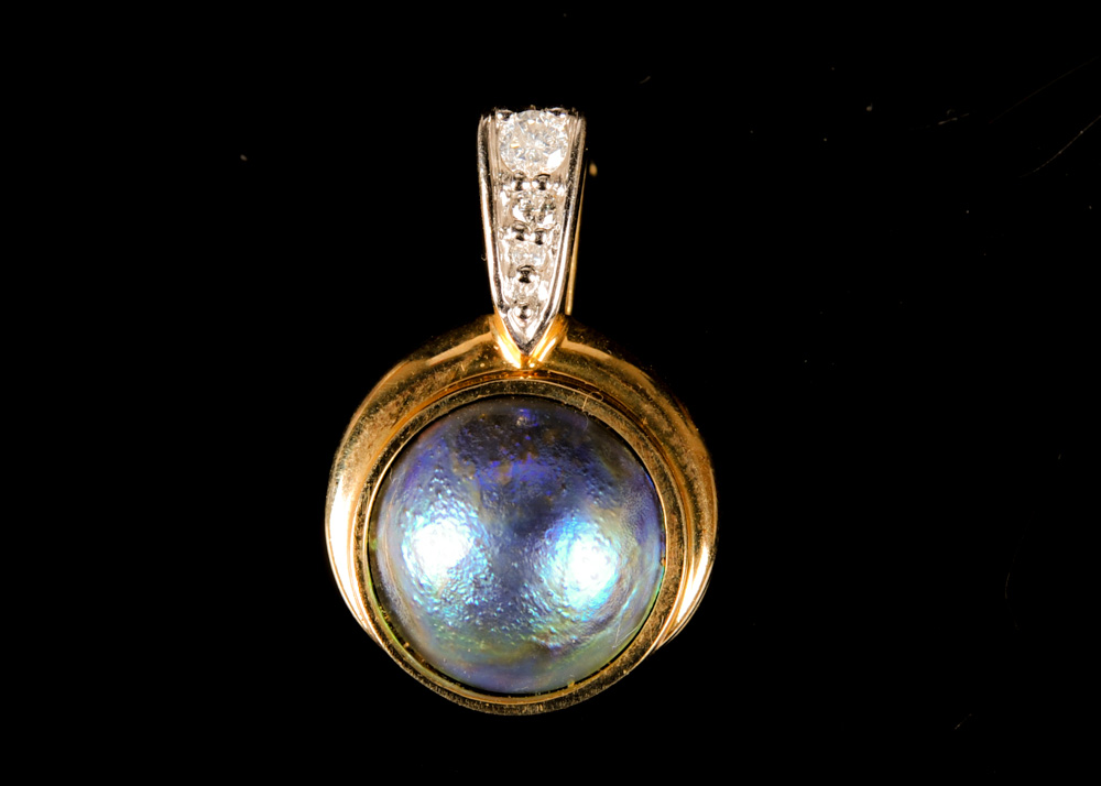 14K Yellow Gold, Diamond, and Blister Pearl Pendant