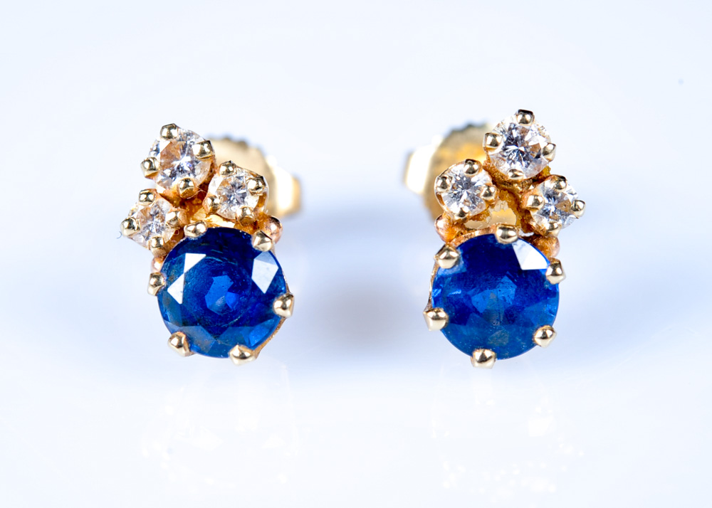 14K Yellow Gold, Sapphire, and Diamond Earrings
