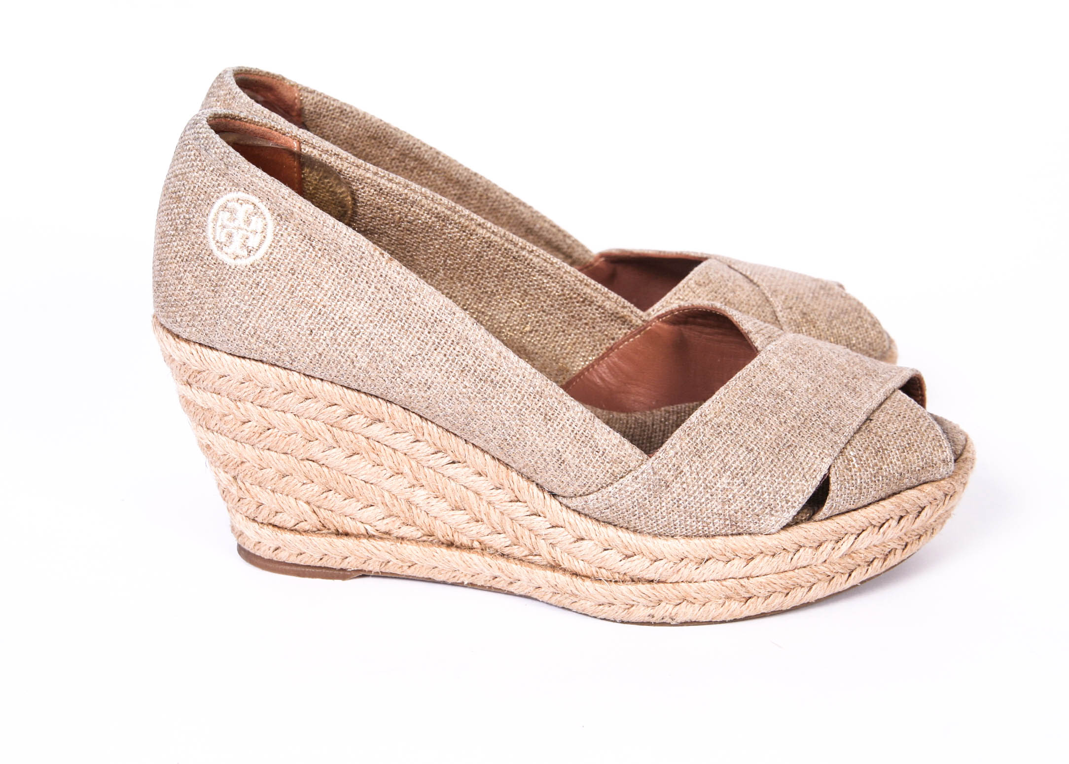 Pair of TORY BURCH Golden Taupe Filipa Wedge Espadrille