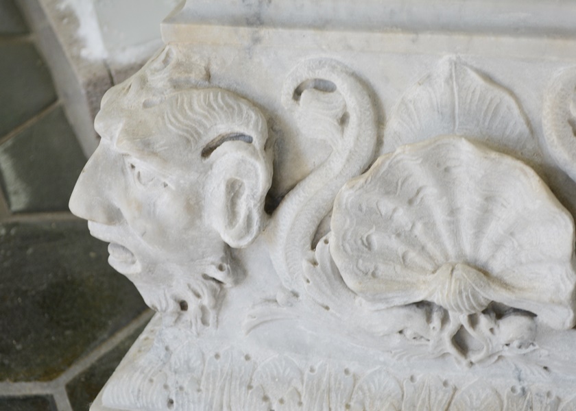 Solid Marble Satyr Mask Carved Low Pedestal