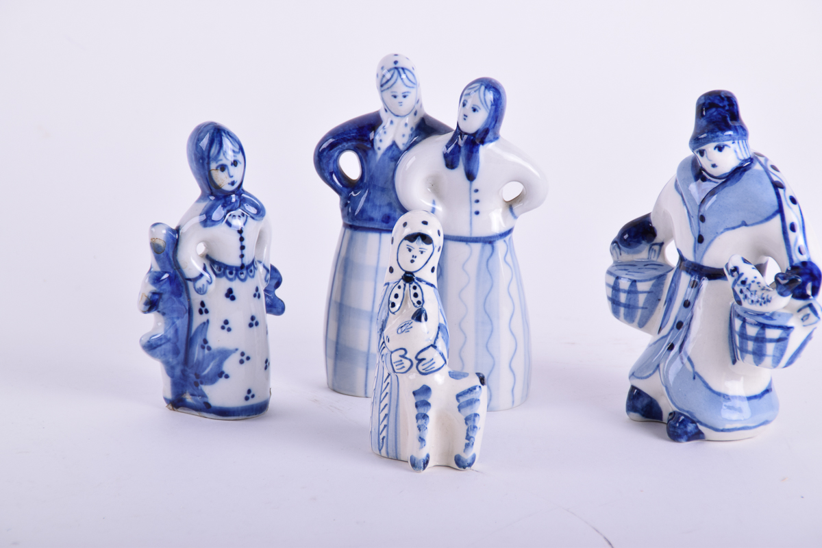 Gzhel Russian Hand-Painted Porcelain Figurines