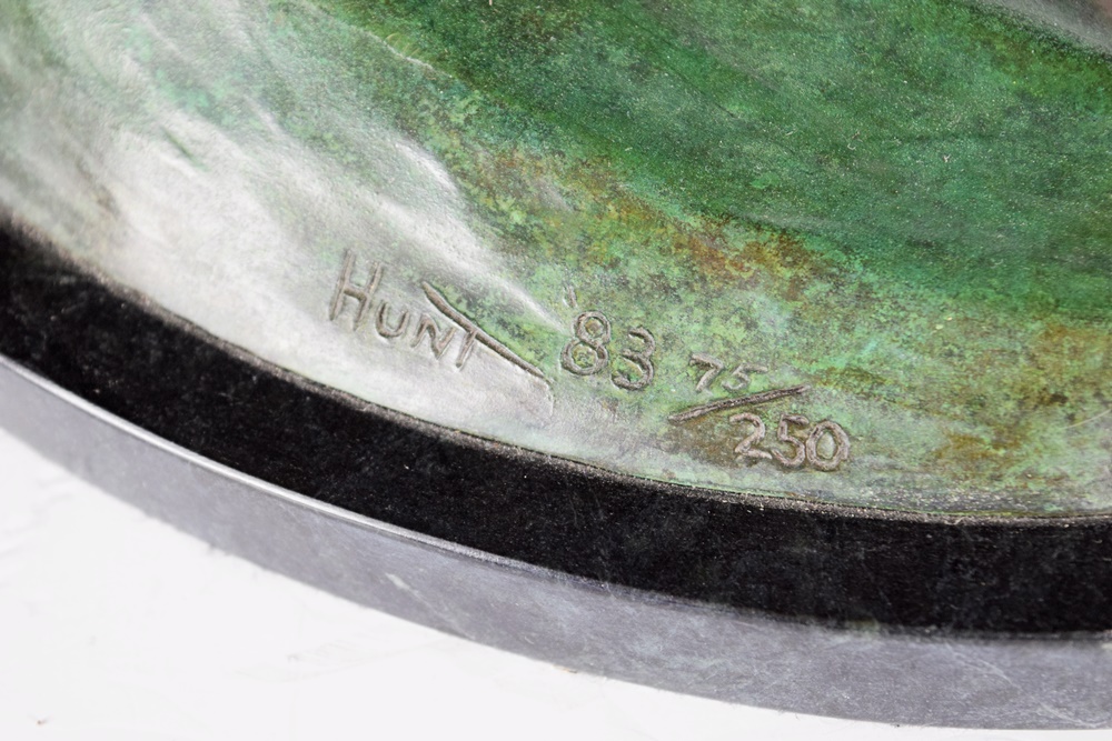 Bronze Sculpted Pelican on Oval Green Marble Base by Hunt Studios, Dated and Numbered