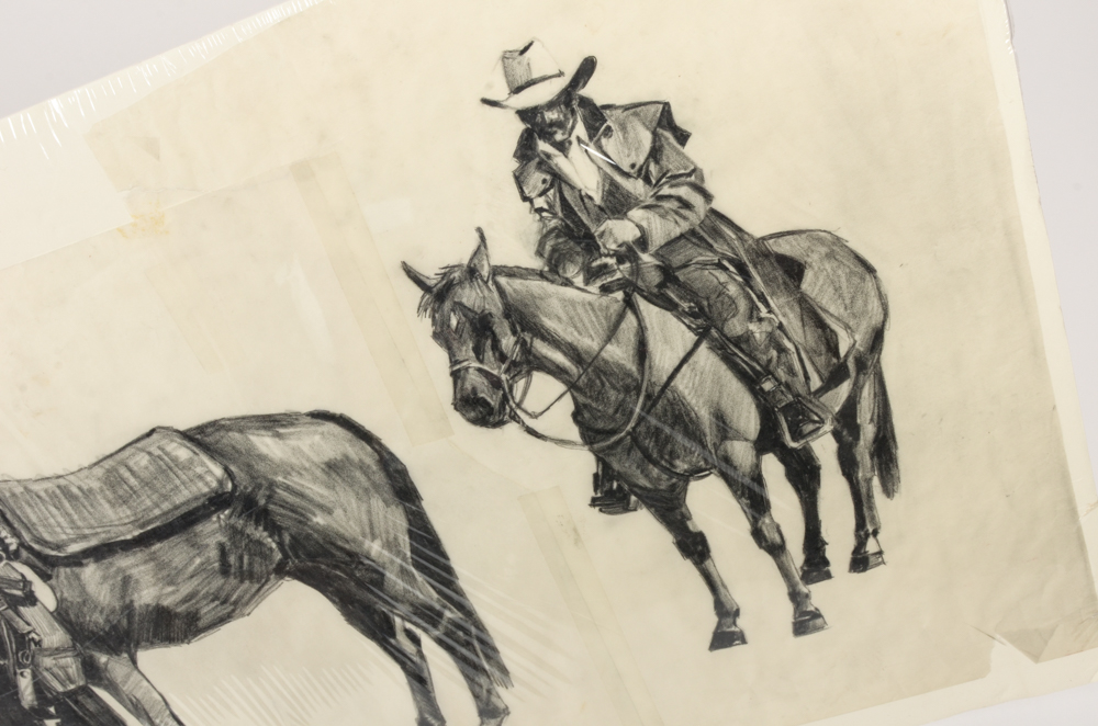 Large Original Pencil Drawing of Cowboys