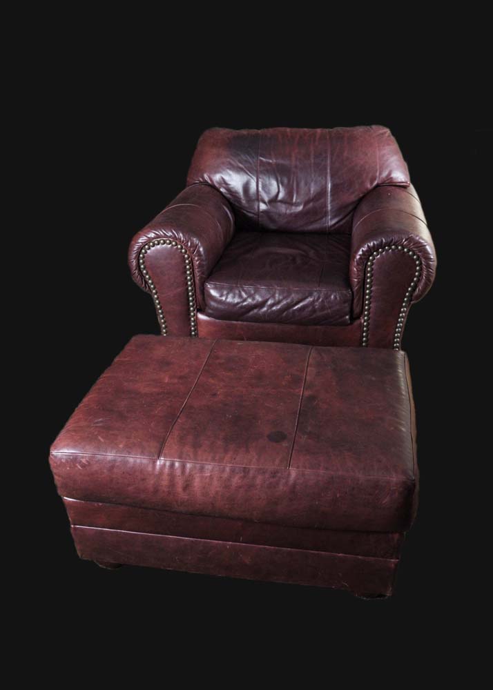 Morgan Stewart Burgundy Leather Saloon Chair with Ottoman