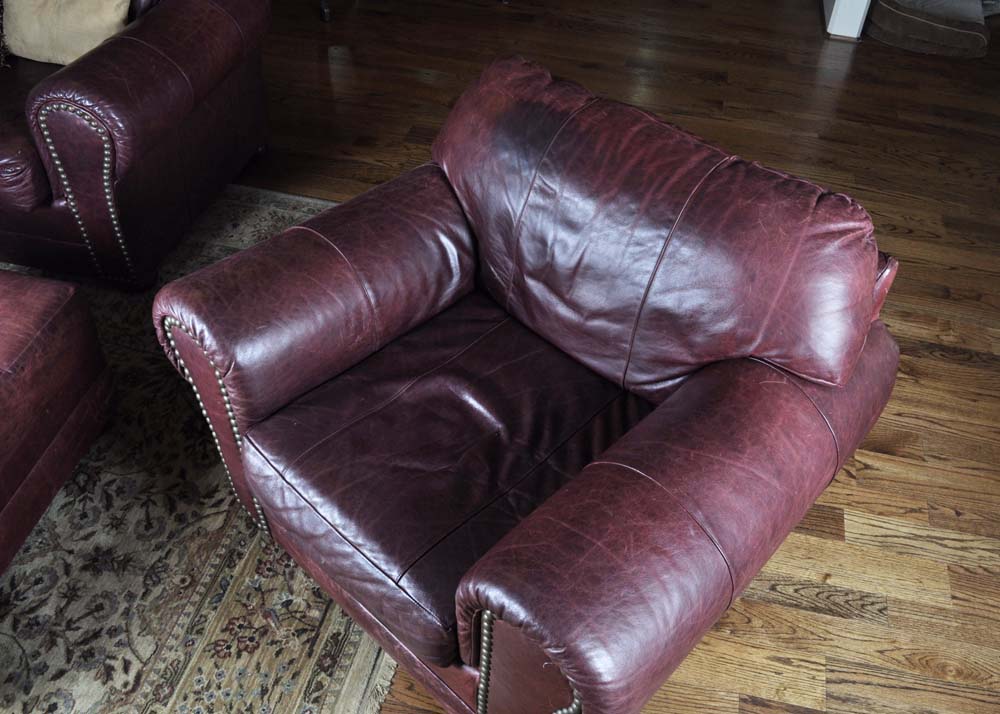 Morgan Stewart Burgundy Leather Saloon Chair with Ottoman
