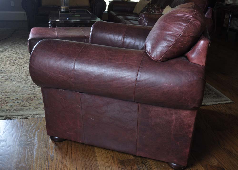 Morgan Stewart Burgundy Leather Saloon Chair with Ottoman