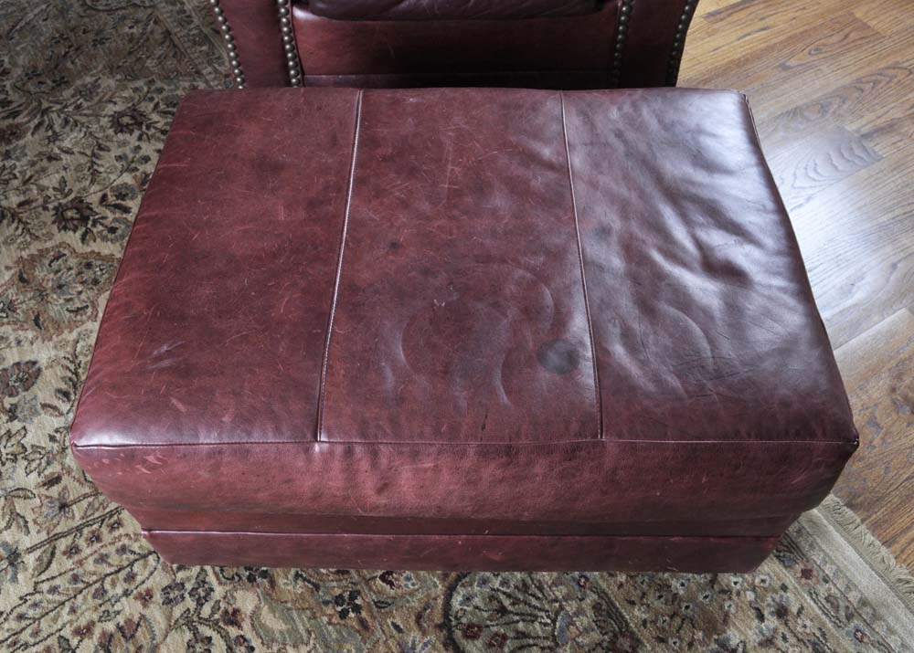 Morgan Stewart Burgundy Leather Saloon Chair with Ottoman
