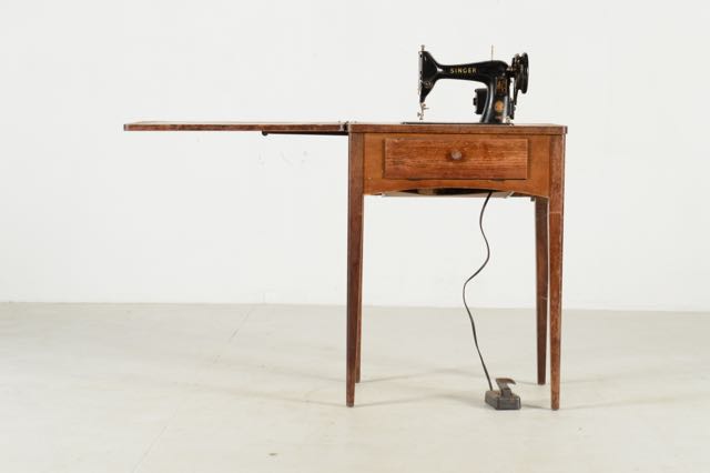 Vintage Sewing Machine and Walnut Veneer Sewing Table