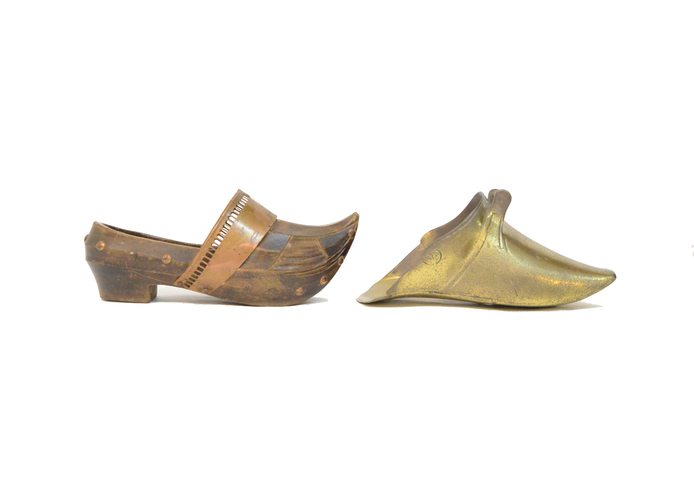 Vintage Brass Tone Shoe Wall Pocket and Wooden Shoe