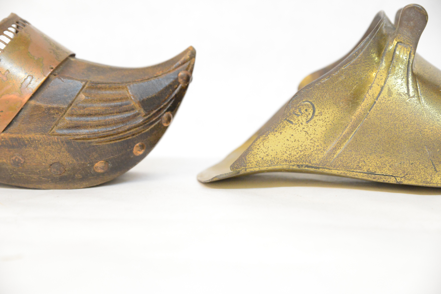 Vintage Brass Tone Shoe Wall Pocket and Wooden Shoe