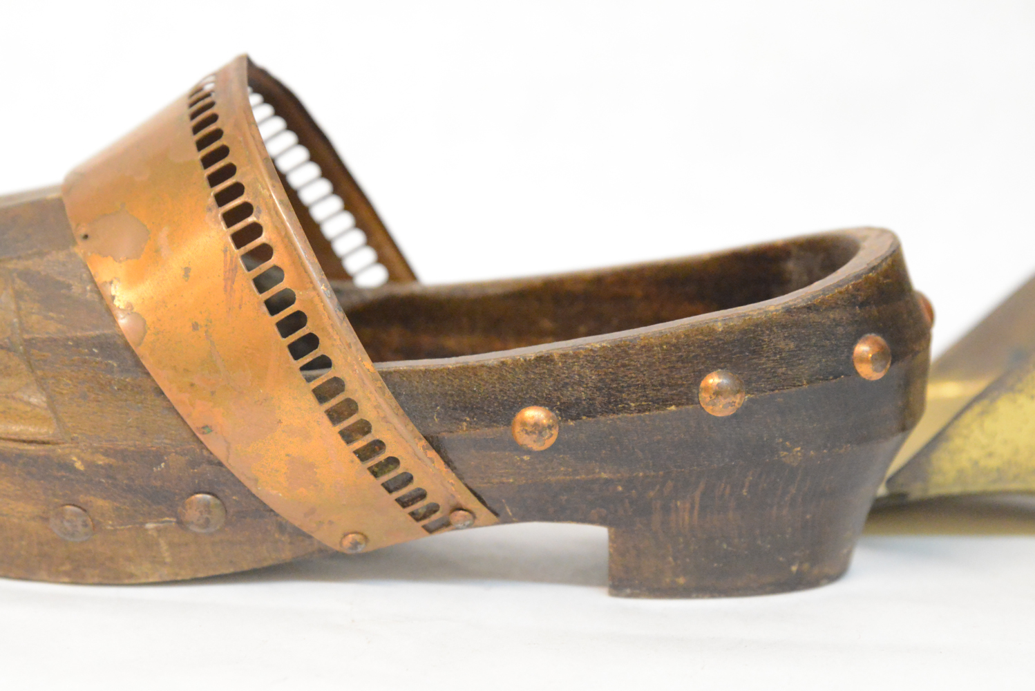 Vintage Brass Tone Shoe Wall Pocket and Wooden Shoe