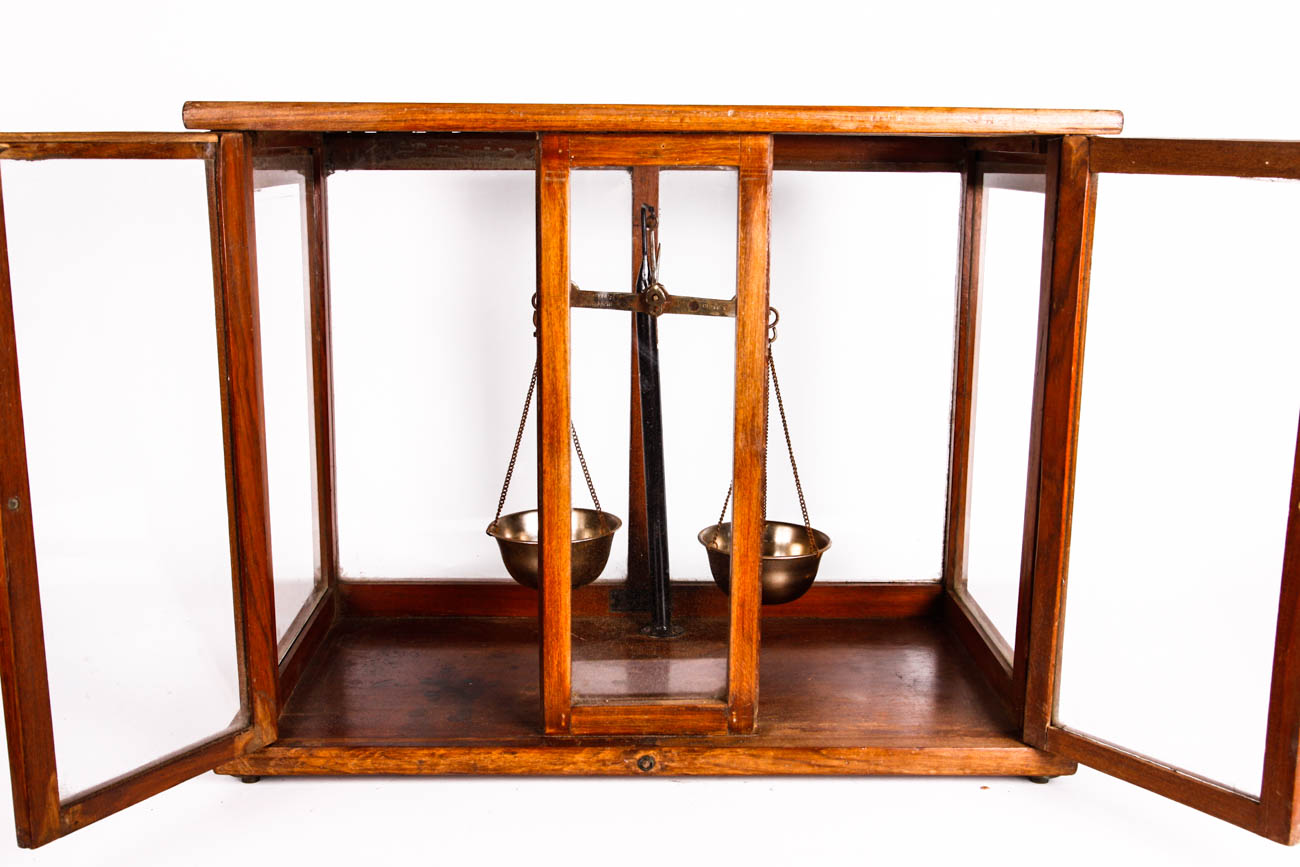 Antique Scale in Wood and Glass Display Case