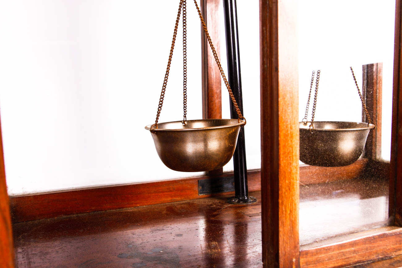 Antique Scale in Wood and Glass Display Case
