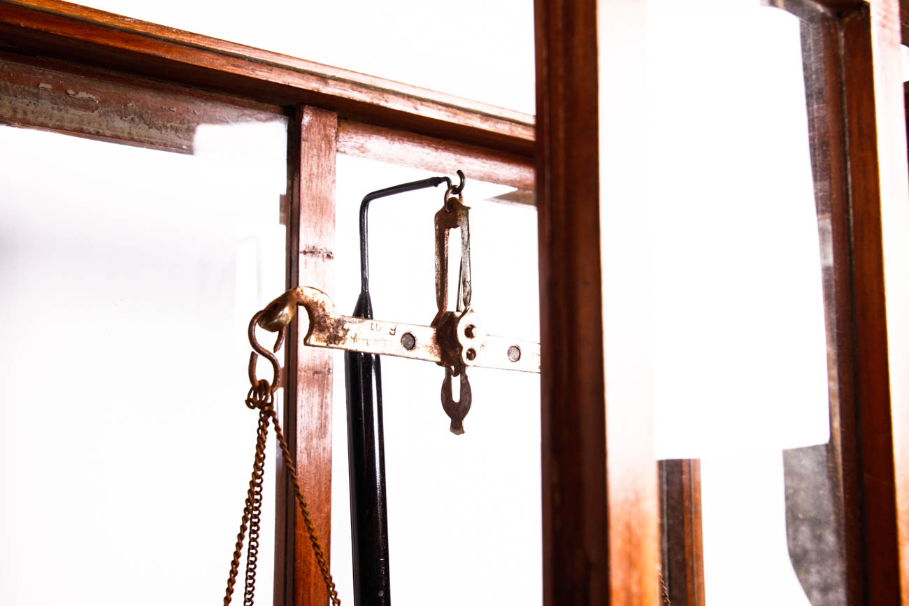Antique Scale in Wood and Glass Display Case