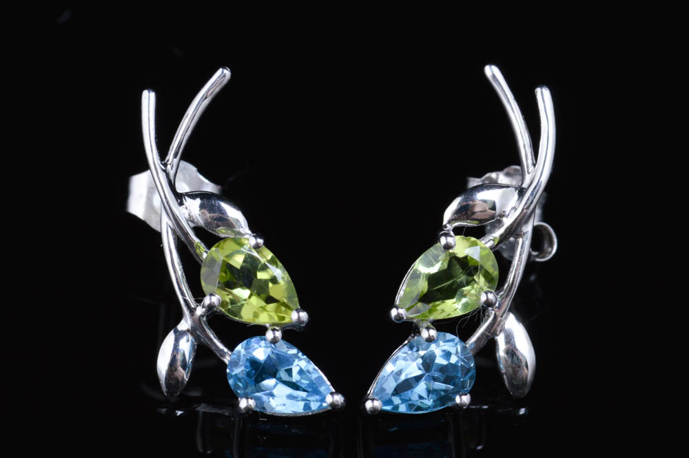 10K White Gold Peridot and Blue Topaz Earrings