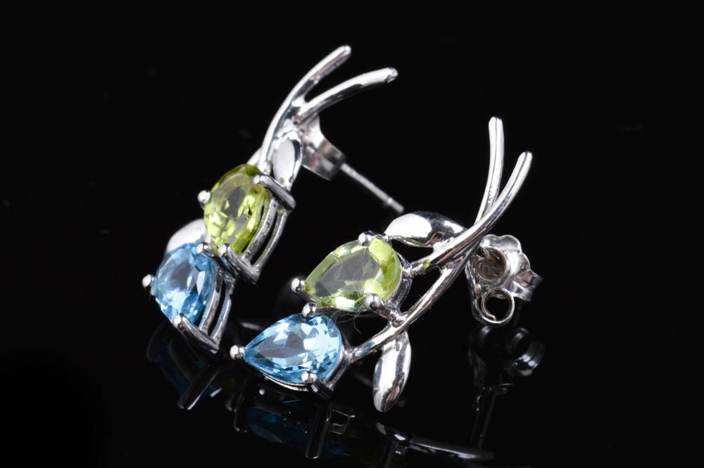 10K White Gold Peridot and Blue Topaz Earrings