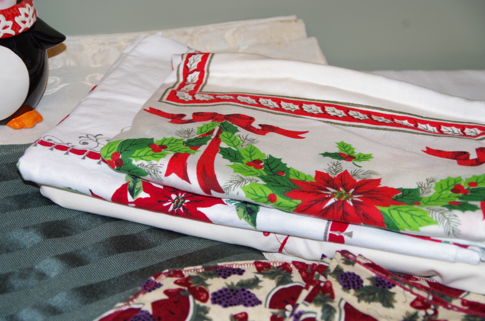 Collection of Linens, Vintage Glass Ware, and Holiday Decor