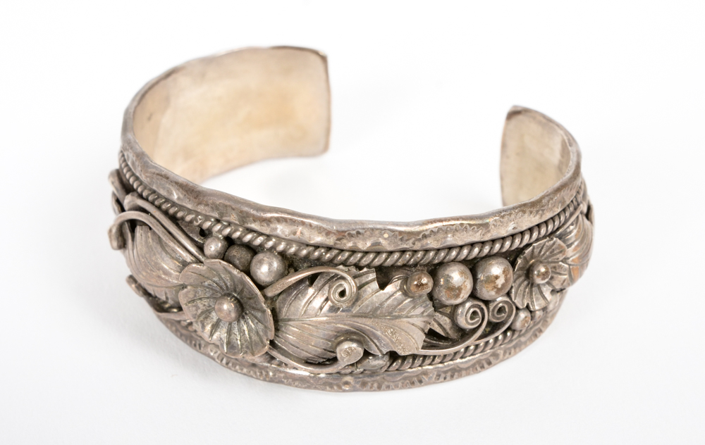 Elaborate Artisan-Signed Silver Cuff Bracelet
