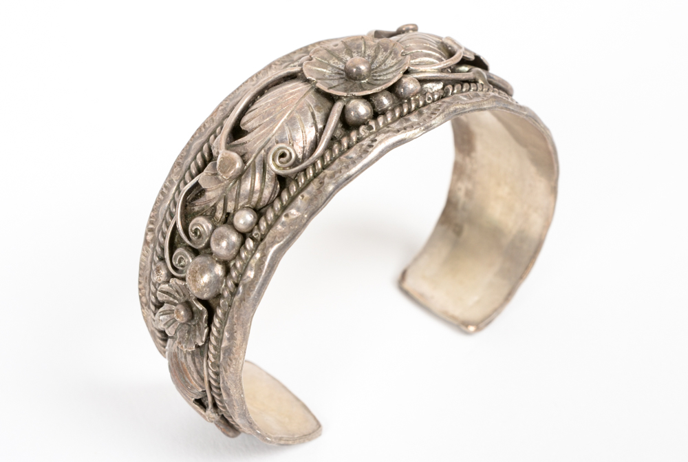 Elaborate Artisan-Signed Silver Cuff Bracelet