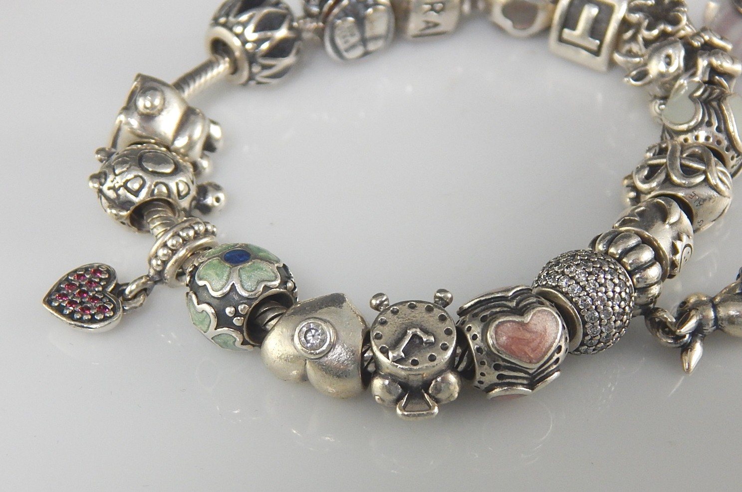 Sterling Silver Pandora Charm Bracelet and Charms