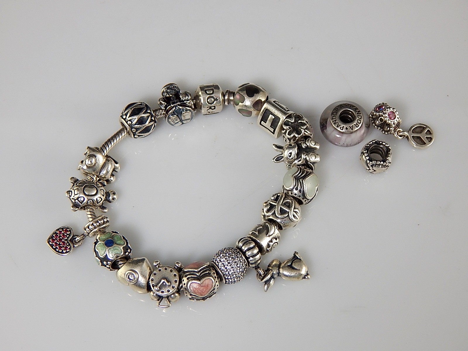 Sterling Silver Pandora Charm Bracelet and Charms