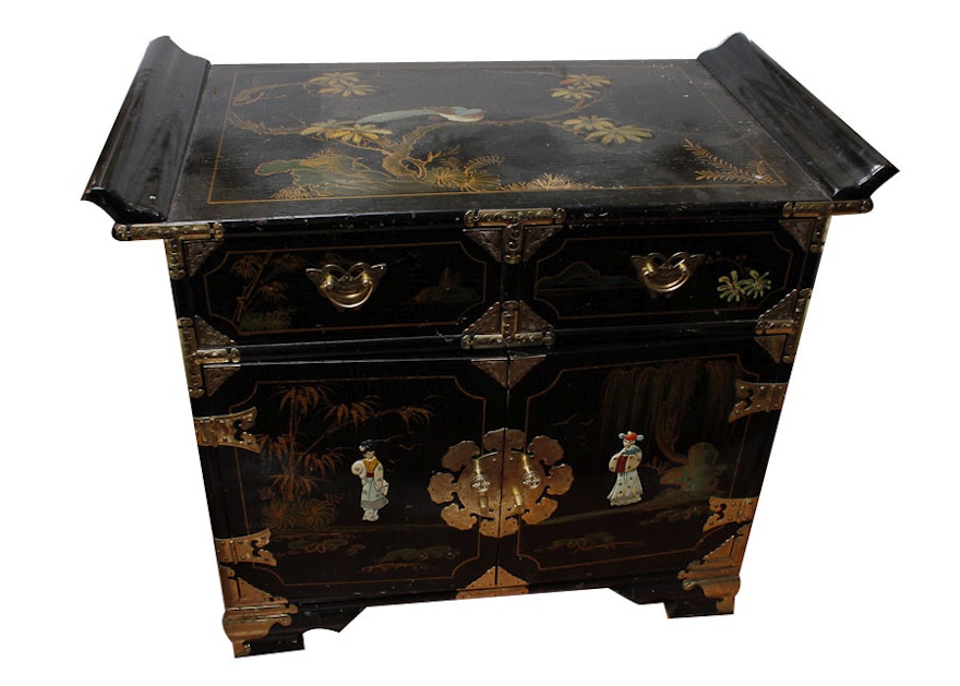Black Lacquer Chinoiserie Side Cabinet