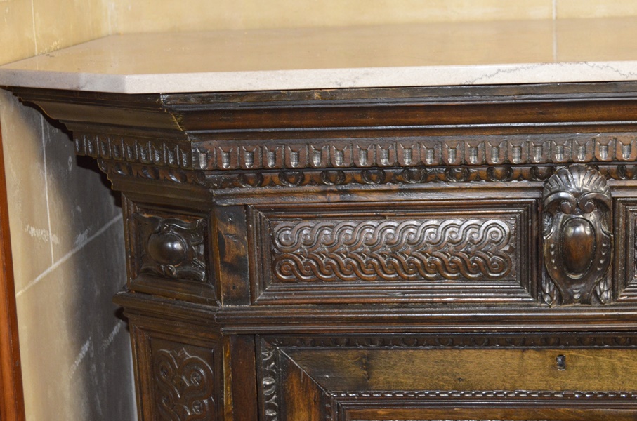 Antique Elizabethan Style Ornately Carved Low Cupboard