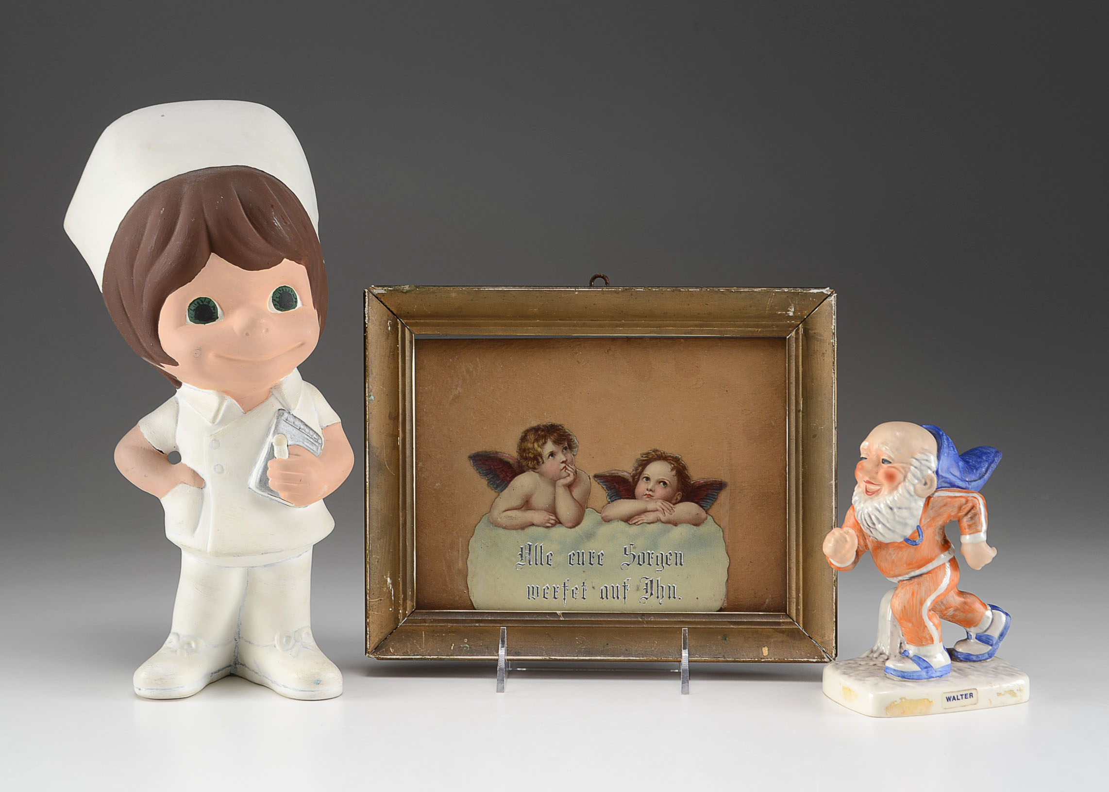 Goebel Figurine, Nurse Figurine and Framed Cupid Card