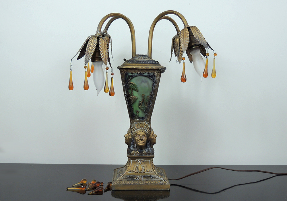 Vintage Cast Metal Lamp with Native American Motifs and Slag Glass Inserts