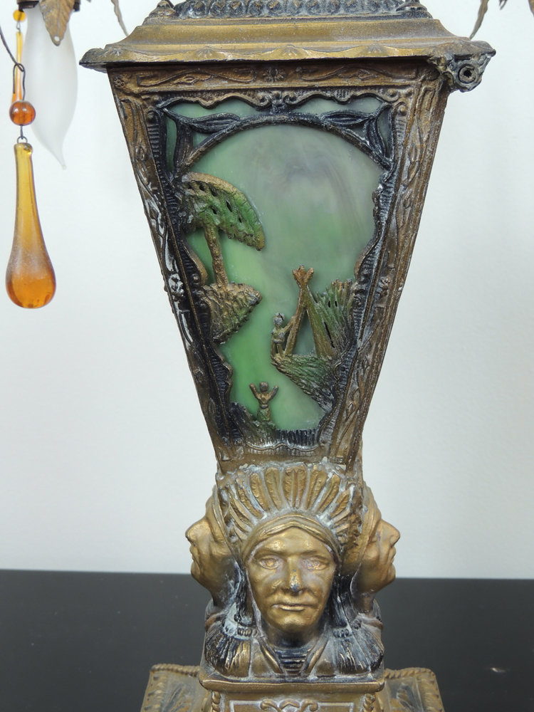 Vintage Cast Metal Lamp with Native American Motifs and Slag Glass Inserts