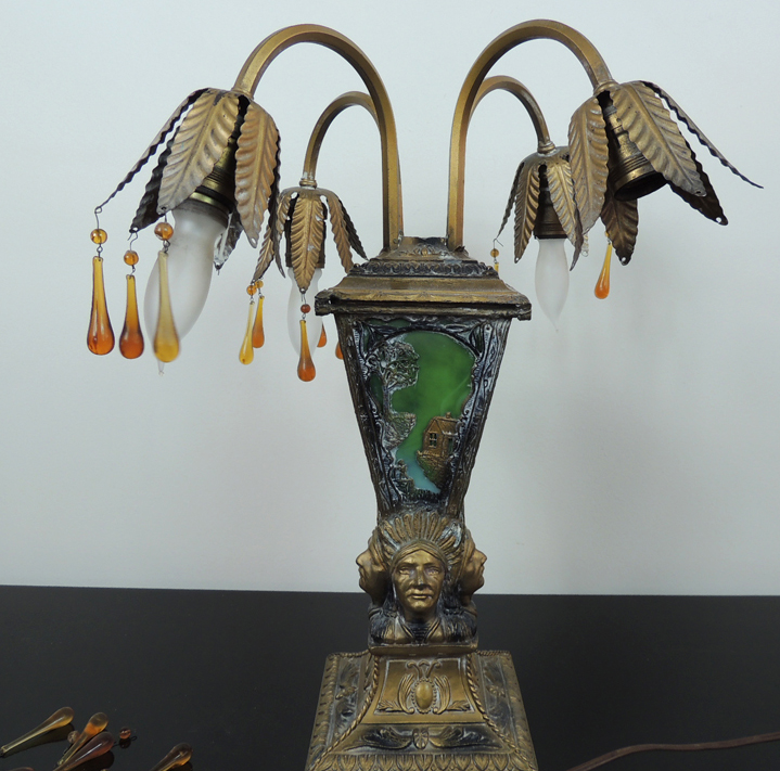 Vintage Cast Metal Lamp with Native American Motifs and Slag Glass Inserts