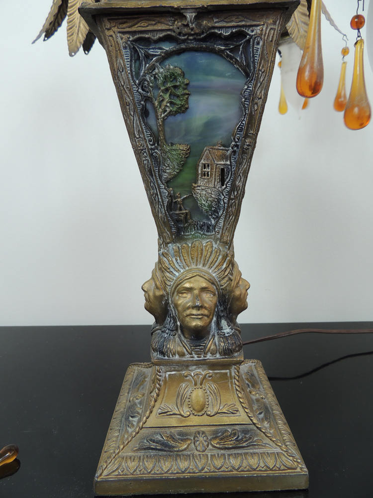 Vintage Cast Metal Lamp with Native American Motifs and Slag Glass Inserts