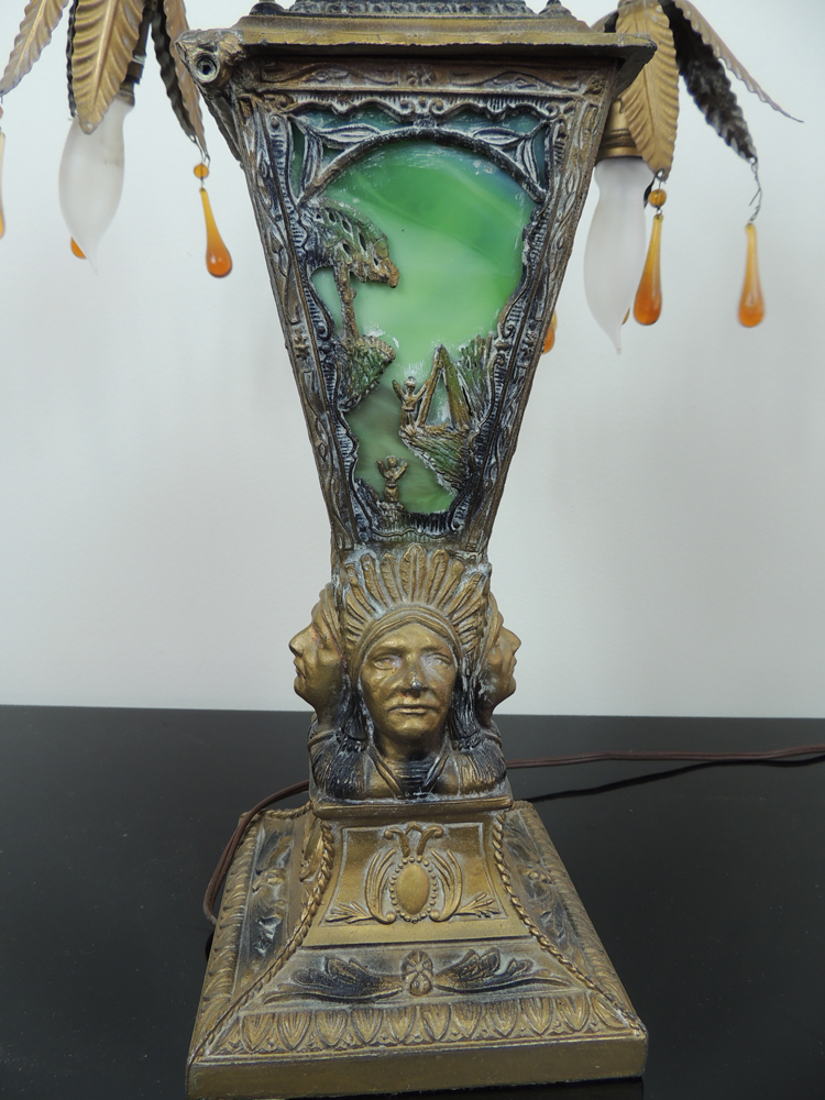 Vintage Cast Metal Lamp with Native American Motifs and Slag Glass Inserts