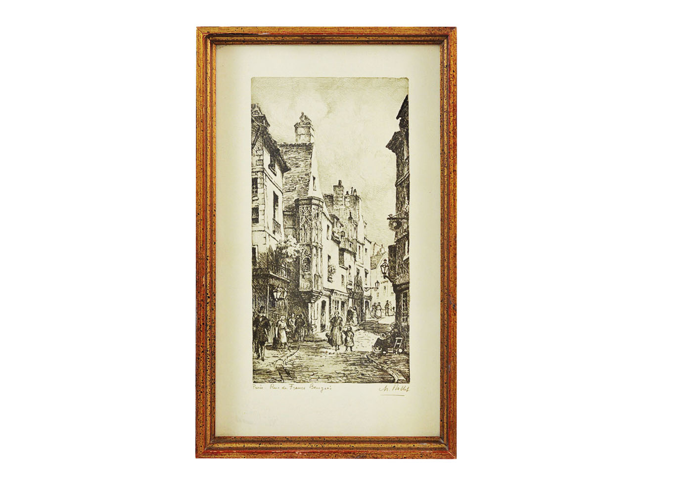 Framed Nollet Off Set Lithograph of "Paris Rue des Francs Bourgeois"