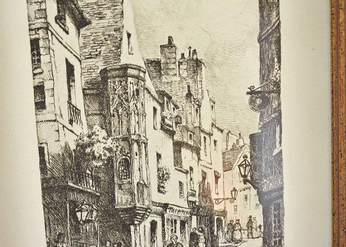 Framed Nollet Off Set Lithograph of "Paris Rue des Francs Bourgeois"