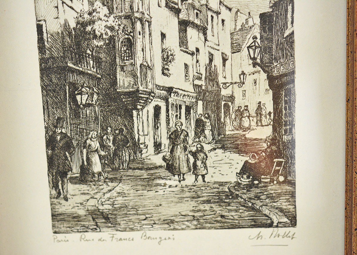 Framed Nollet Off Set Lithograph of "Paris Rue des Francs Bourgeois"