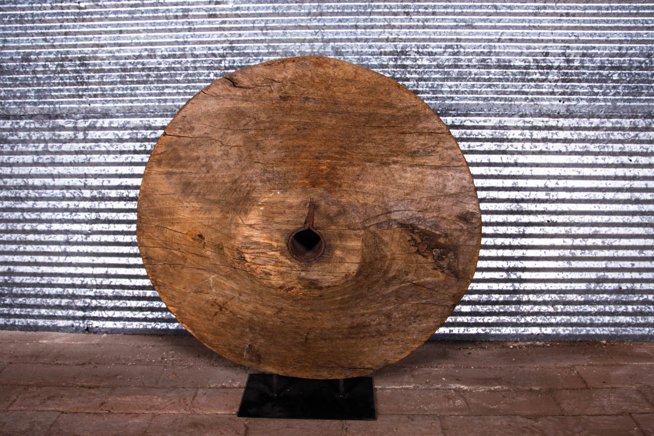 Antique Solid Wood Cart Wheel on Metal Stand