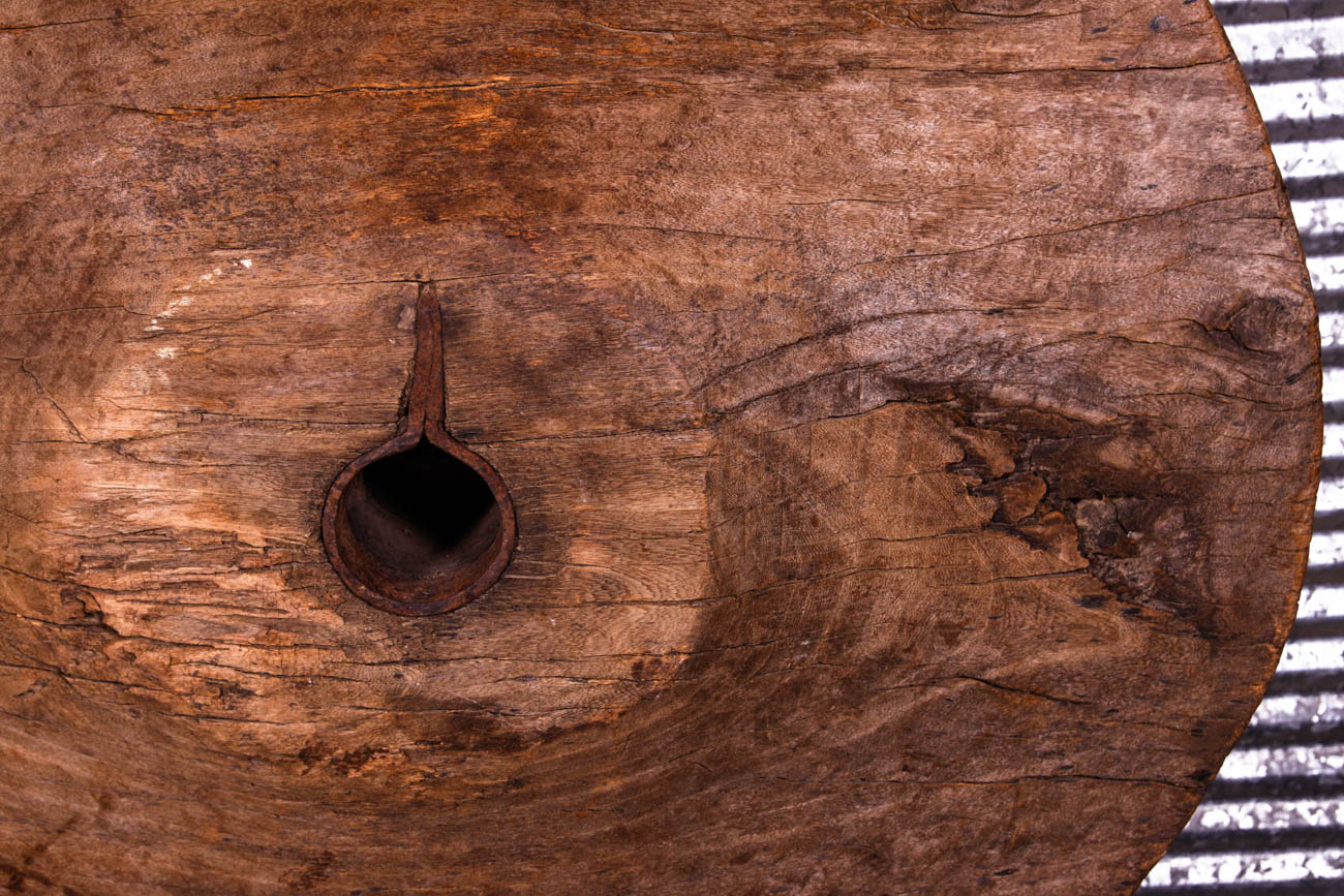 Antique Solid Wood Cart Wheel on Metal Stand