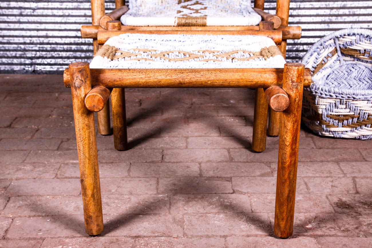 Rustic Pine Arm Chair with Woven Seat and Ottoman