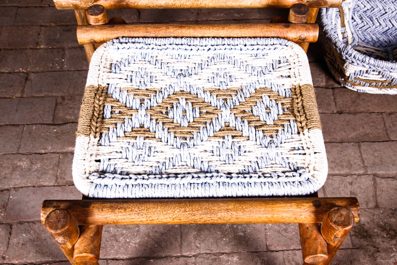 Rustic Pine Arm Chair with Woven Seat and Ottoman