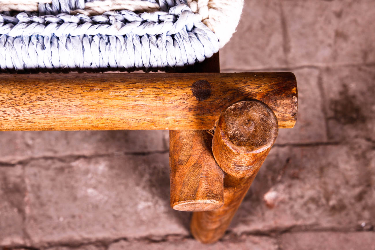 Rustic Pine Arm Chair with Woven Seat and Ottoman