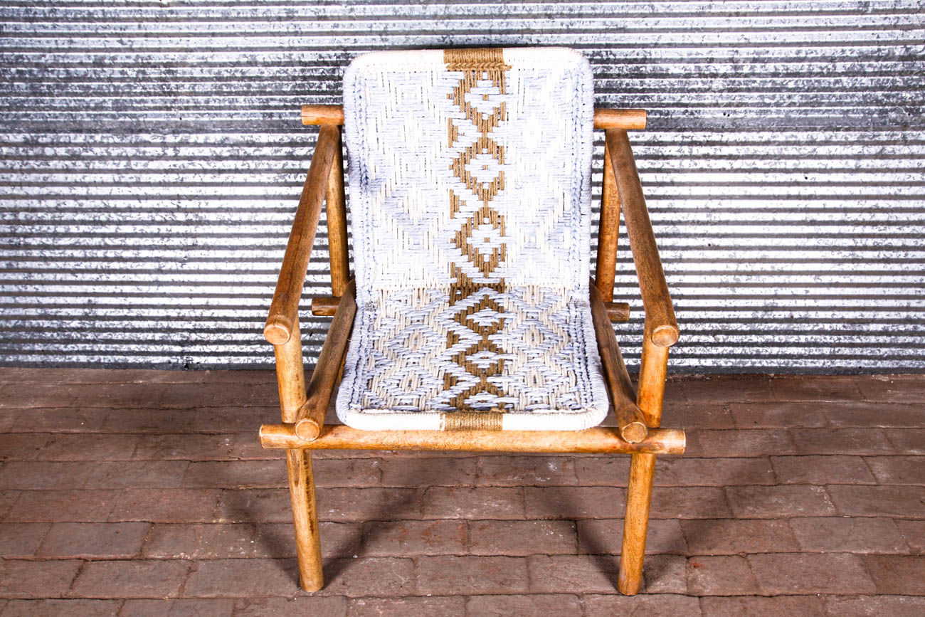 Rustic Pine Arm Chair with Woven Seat and Ottoman