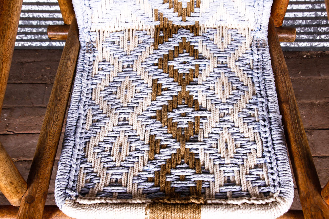 Rustic Pine Arm Chair with Woven Seat and Ottoman