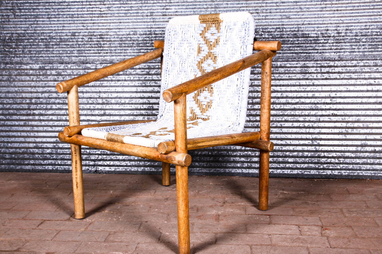 Rustic Pine Arm Chair with Woven Seat and Ottoman