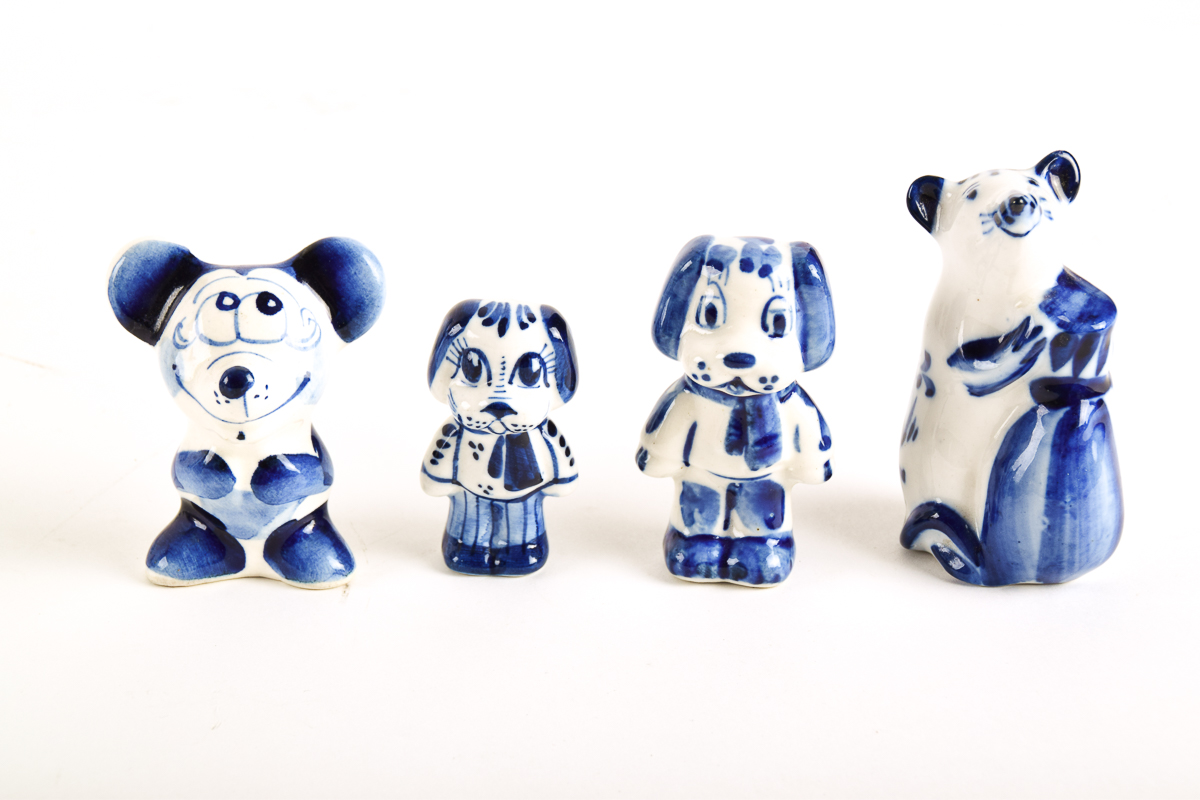 Gzhel Russian Blue and White Porcelain Animal Figurines