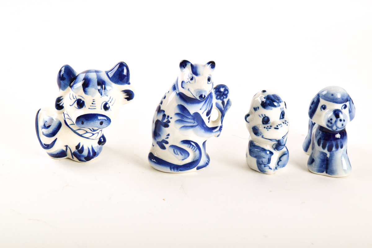 Gzhel Russian Blue and White Porcelain Animal Figurines